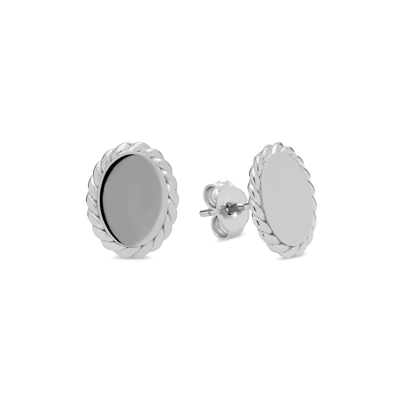 Puces d'oreilles FAVS en argent 925, chaque avec un centre ovale et lisse encadré d'un motif torsadé.