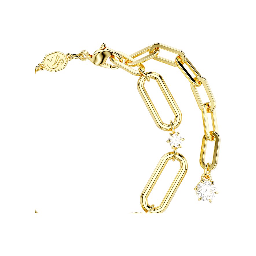 Close-up van een gouden Swarovski-armband van metaal. Het toont schakels met ovale en rechthoekige vormen.