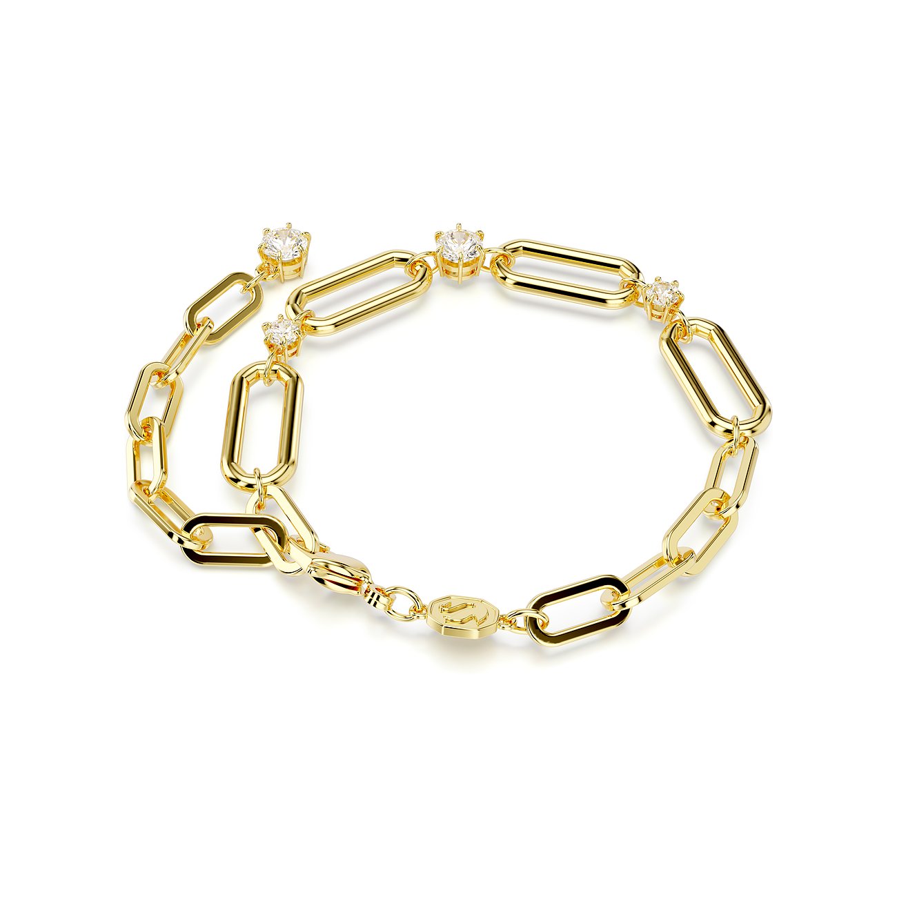 Swarovski armband van goudkleurig metaal met hoekige schakels en drie ronde, heldere Swarovski-kristallen.