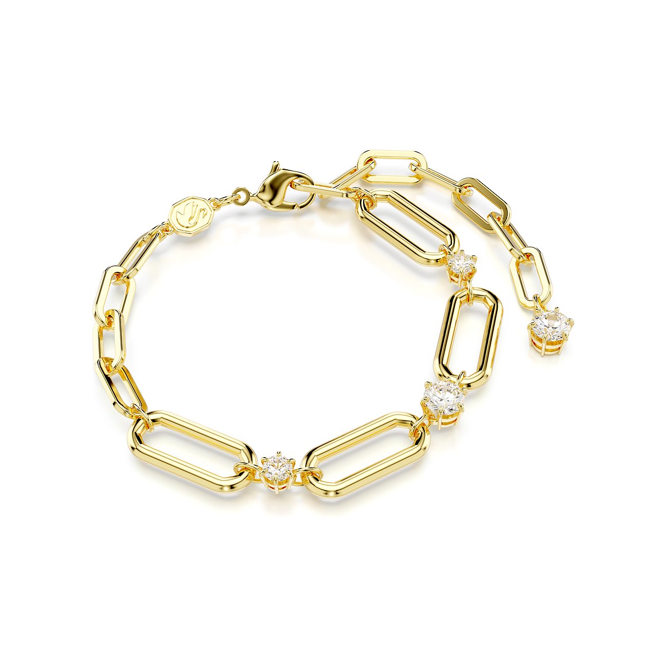 Swarovski armband van goudkleurig metaal met schakels en meerdere ronde, heldere Swarovski kristallen.
