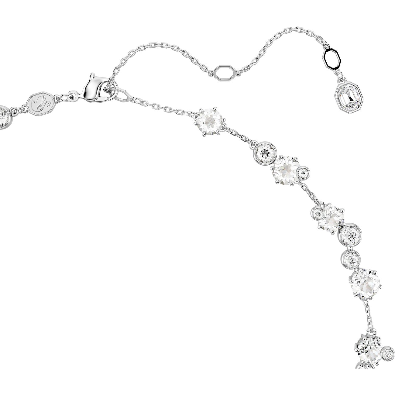 Swarovski metalen halsketting met ketting en ronde en kussenvormige Swarovski-kristallen.