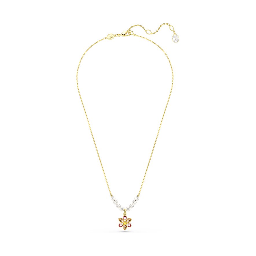 Swarovski Halskette aus goldfarbenem Metall mit einem Blütenanhänger, der mit bunten Swarovski-Kristallen besetzt ist.