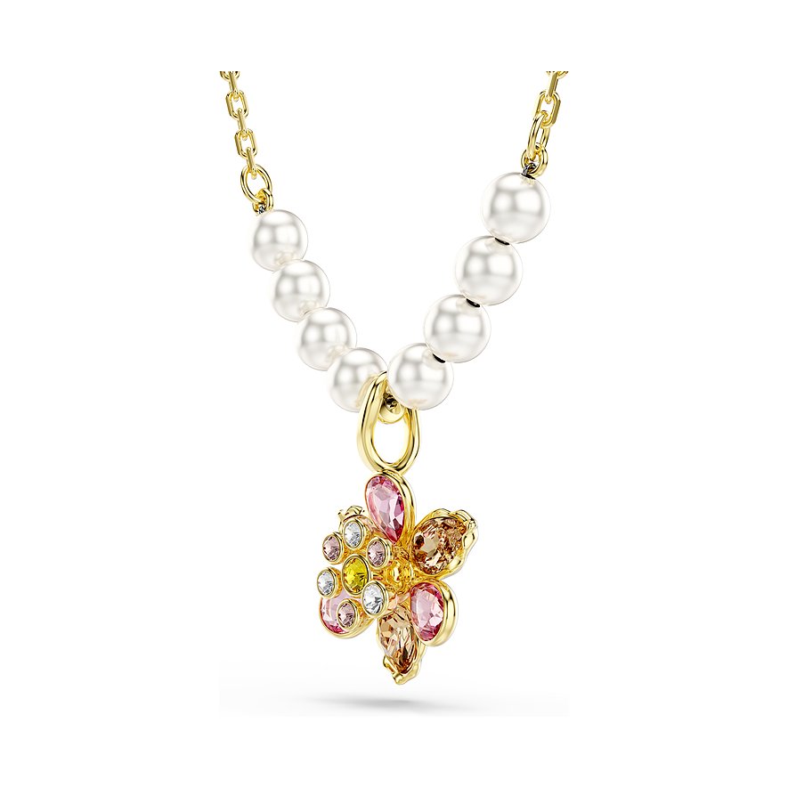 Swarovski Halskette aus goldfarbenem Metall mit Blumenanhänger und bunten Swarovski-Kristallen in Rosa, Gelb und Weiß.