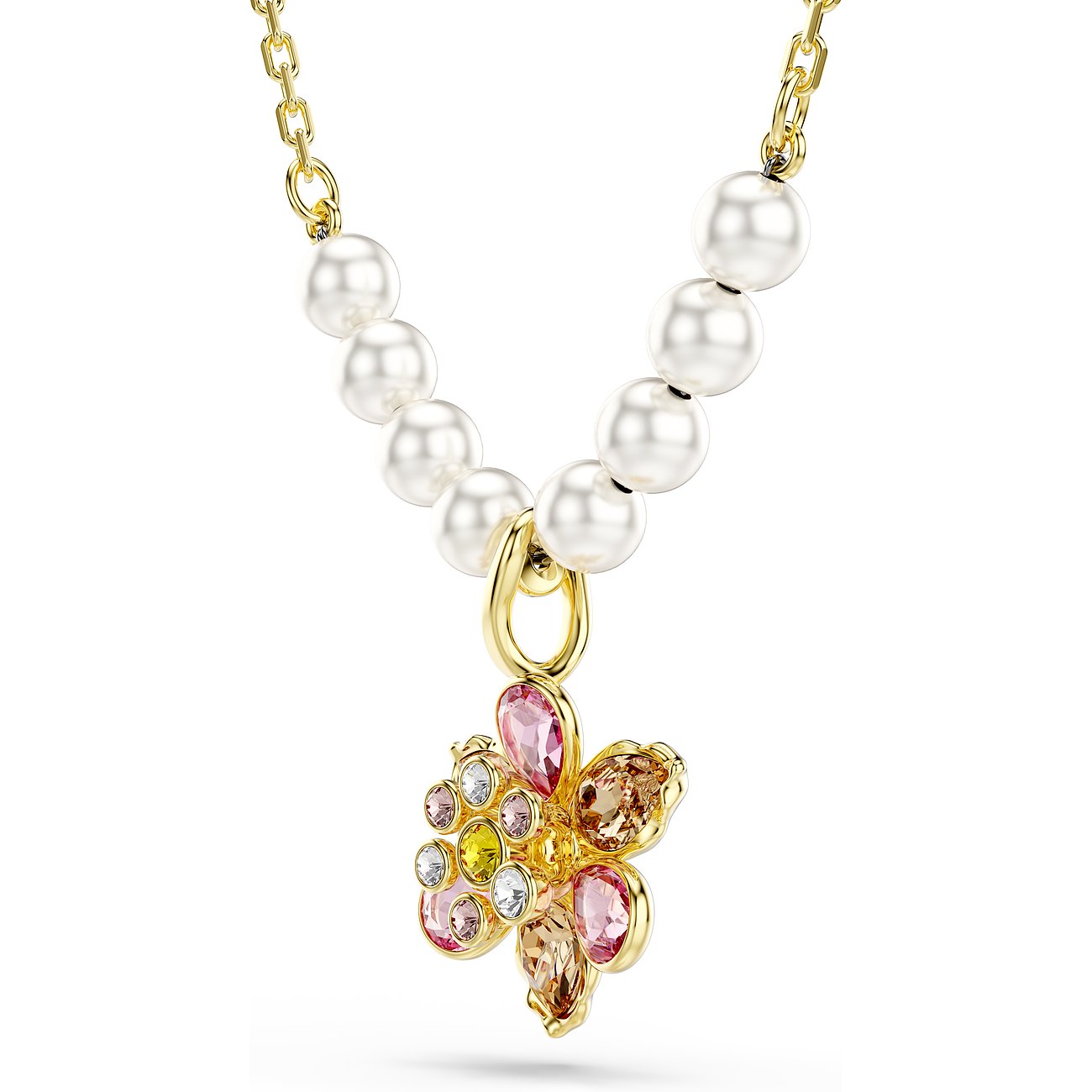 Swarovski Halskette aus goldfarbenem Metall mit Blumenanhänger und bunten Swarovski-Kristallen in Rosa, Gelb und Weiß.