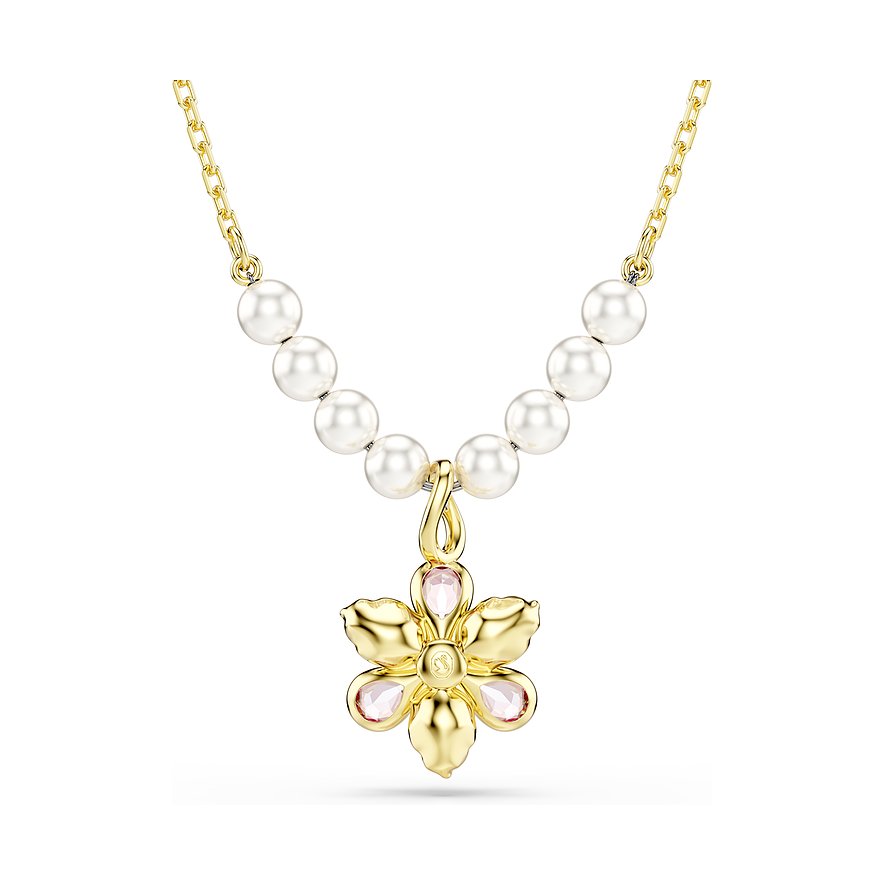 Goldfarbene Swarovski-Halskette mit sieben weißen Perlen auf jeder Seite und Blütenanhänger mit rosa Kristallen.