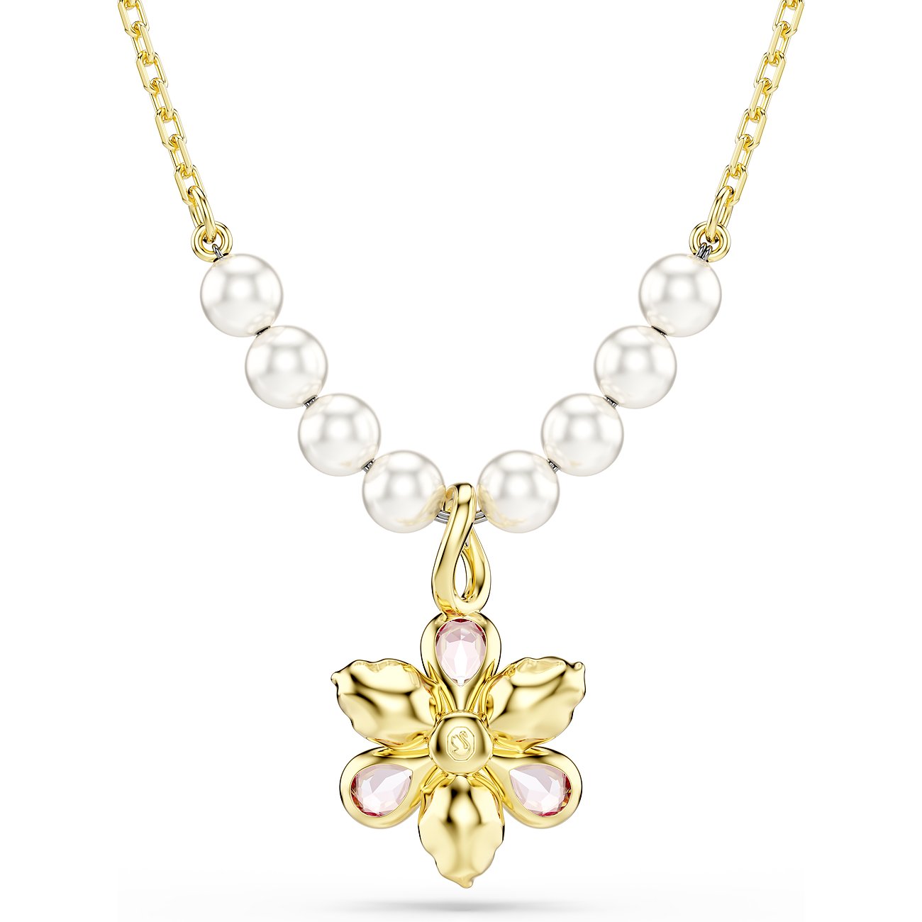 Goldfarbene Swarovski-Halskette mit sieben weißen Perlen auf jeder Seite und Blütenanhänger mit rosa Kristallen.