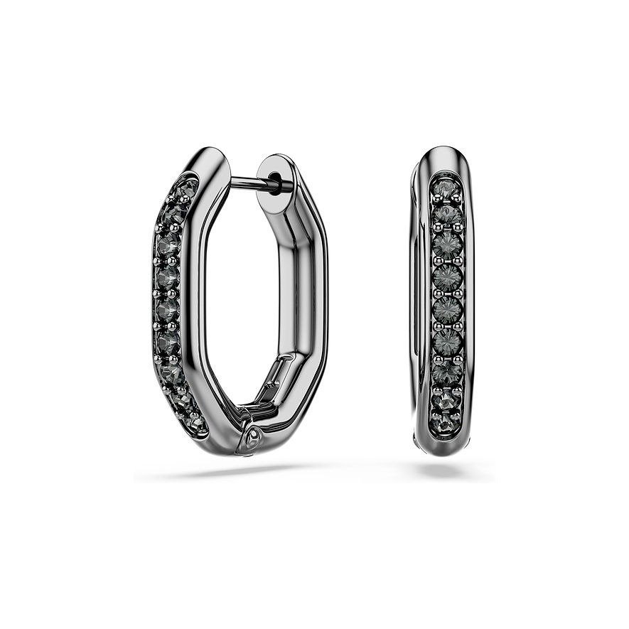 Zwei längliche Swarovski Ohrringe aus Metall, besetzt mit mehreren dunkelgrauen Swarovski Kristallen.