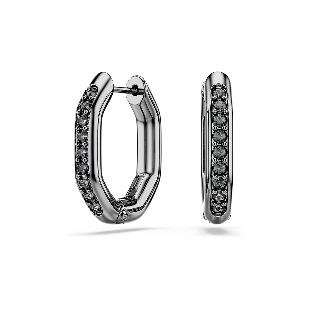 Zwei längliche Swarovski Ohrringe aus Metall, besetzt mit mehreren dunkelgrauen Swarovski Kristallen.