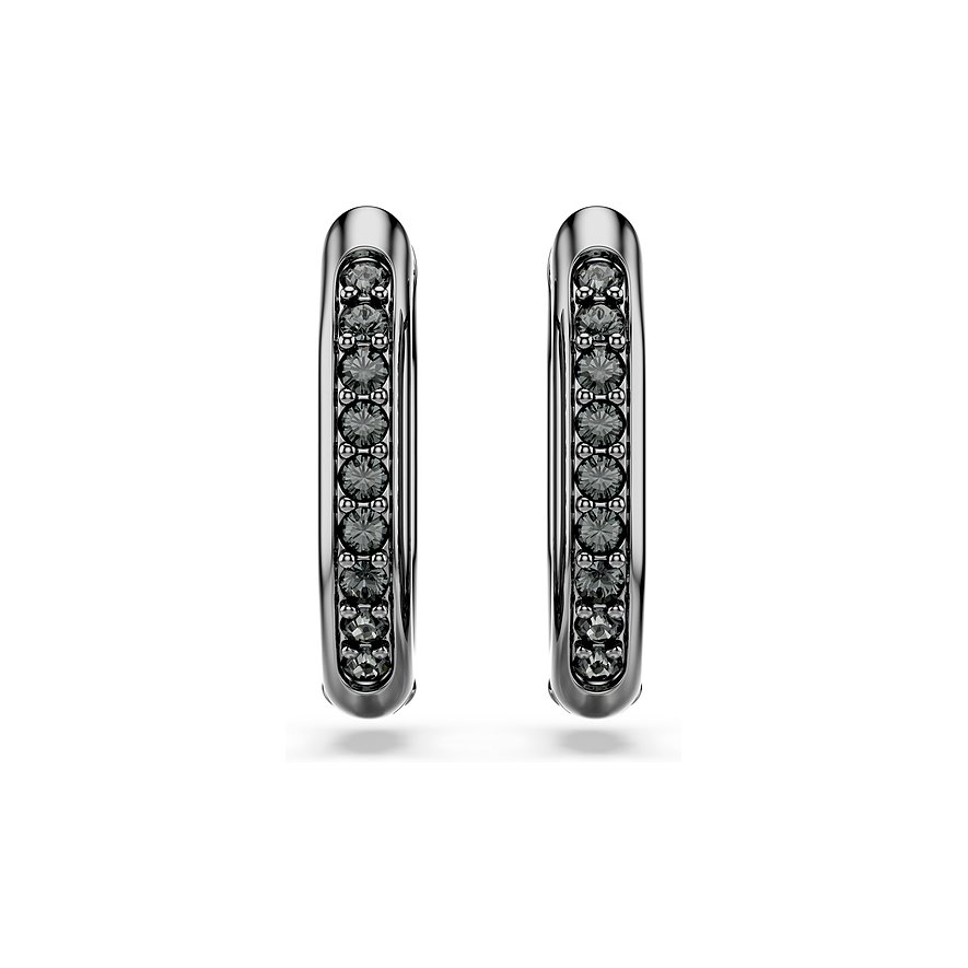 Zwei identische, glänzende Swarovski Creolen aus Metall mit einer Reihe runder, dunkelgrauer Swarovski Kristalle.
