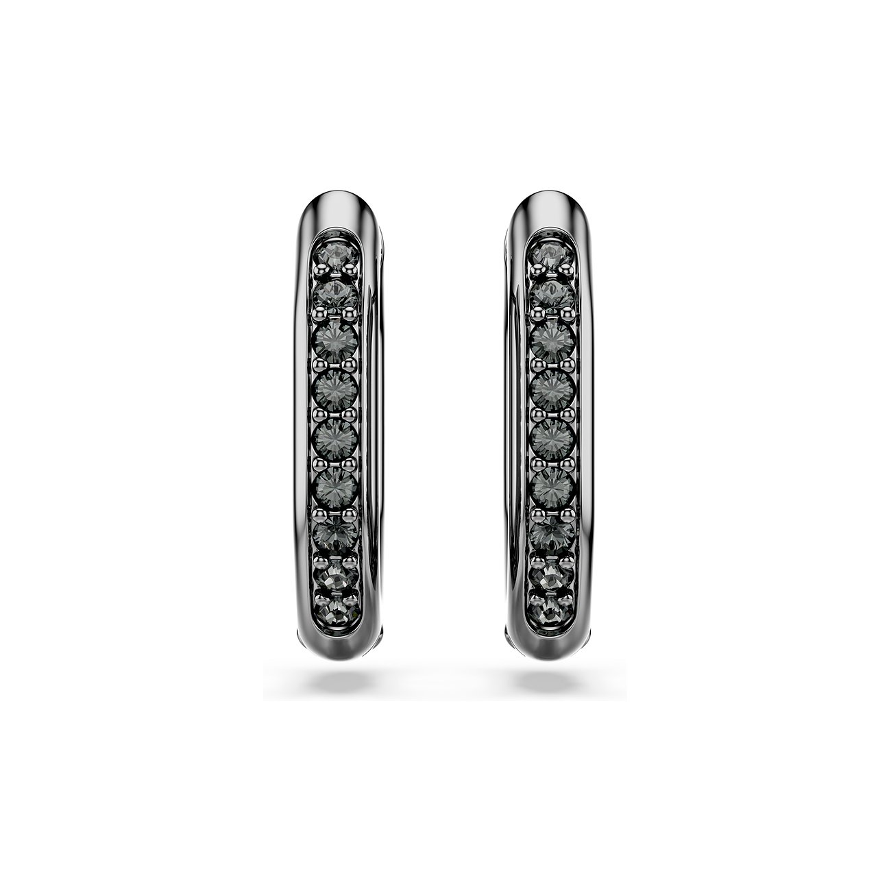 Zwei identische, glänzende Swarovski Creolen aus Metall mit einer Reihe runder, dunkelgrauer Swarovski Kristalle.