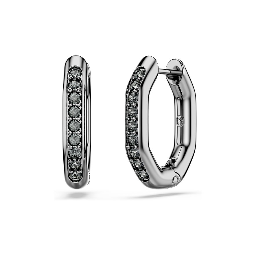 Ein Paar Swarovski Ohrstecker aus Metall mit farbigen Swarovski Kristallen in Grautönen, die in einer Reihe gefasst sind.