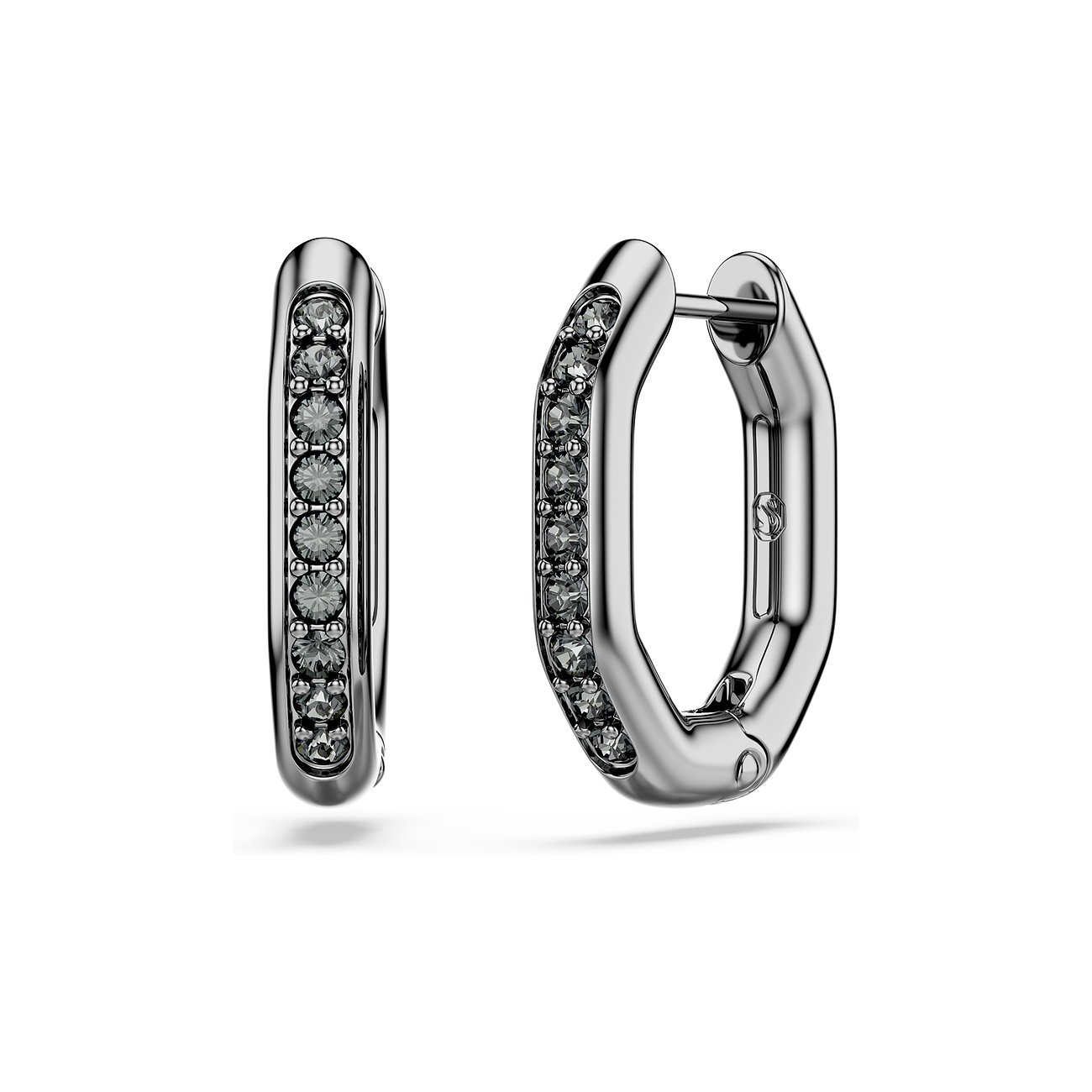 Ein Paar Swarovski Ohrstecker aus Metall mit farbigen Swarovski Kristallen in Grautönen, die in einer Reihe gefasst sind.