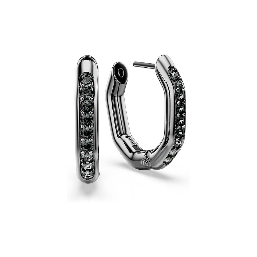 Swarovski Ohrschmuck aus Metall, rautenförmige Creolen mit dunkelgrauen Swarovski-Kristallen an der Vorderseite.