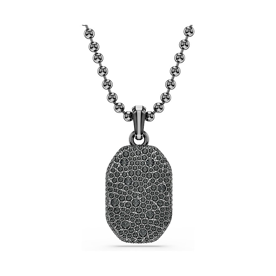 Swarovski Halskette aus Metall mit einem dog-tag-ähnlichen, ovalen Anhänger, besetzt mit vielen grauen Swarovski-Kristallen.