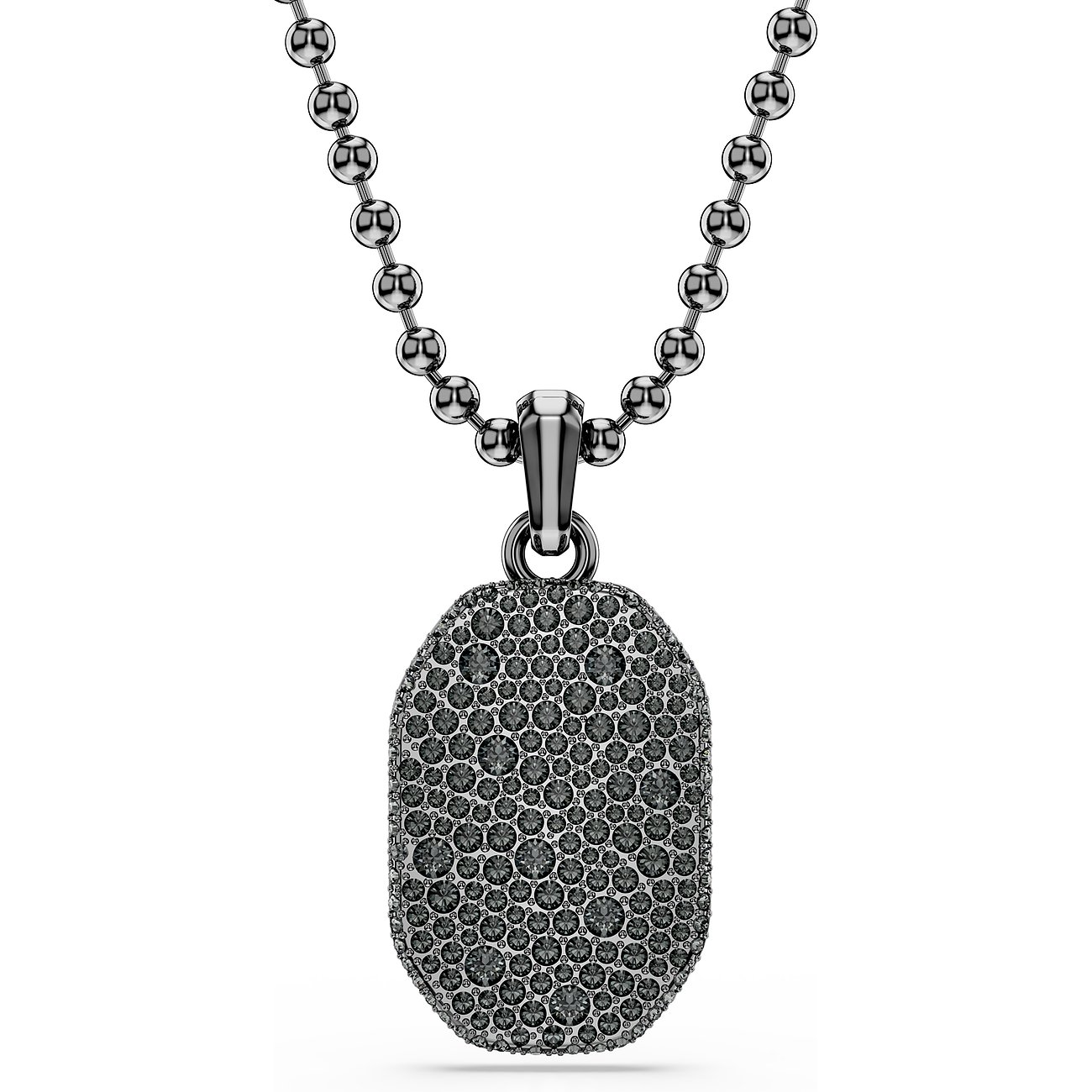 Swarovski Halskette aus Metall mit einem dog-tag-ähnlichen, ovalen Anhänger, besetzt mit vielen grauen Swarovski-Kristallen.