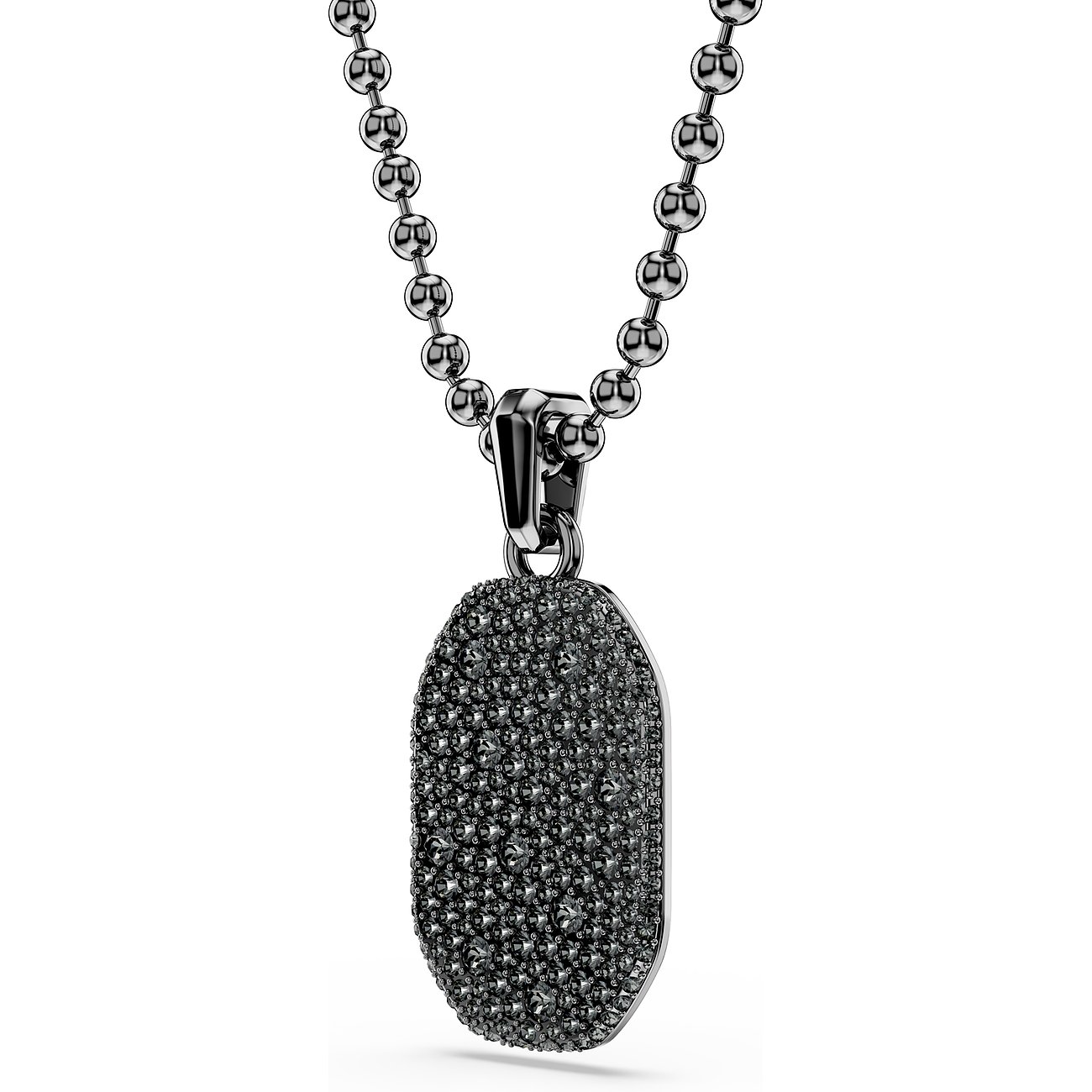 Swarovski Halskette aus Metall mit einem dog tag förmigen Anhänger, besetzt mit dunklen Swarovski-Kristallen.