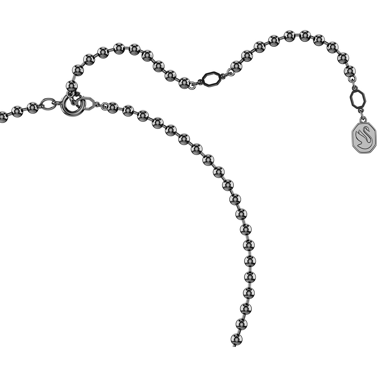 Eine Swarovski Metallkette, bestehend aus glänzenden Metallkugeln und einem oktogonalen Anhänger mit Schwan-Logo.