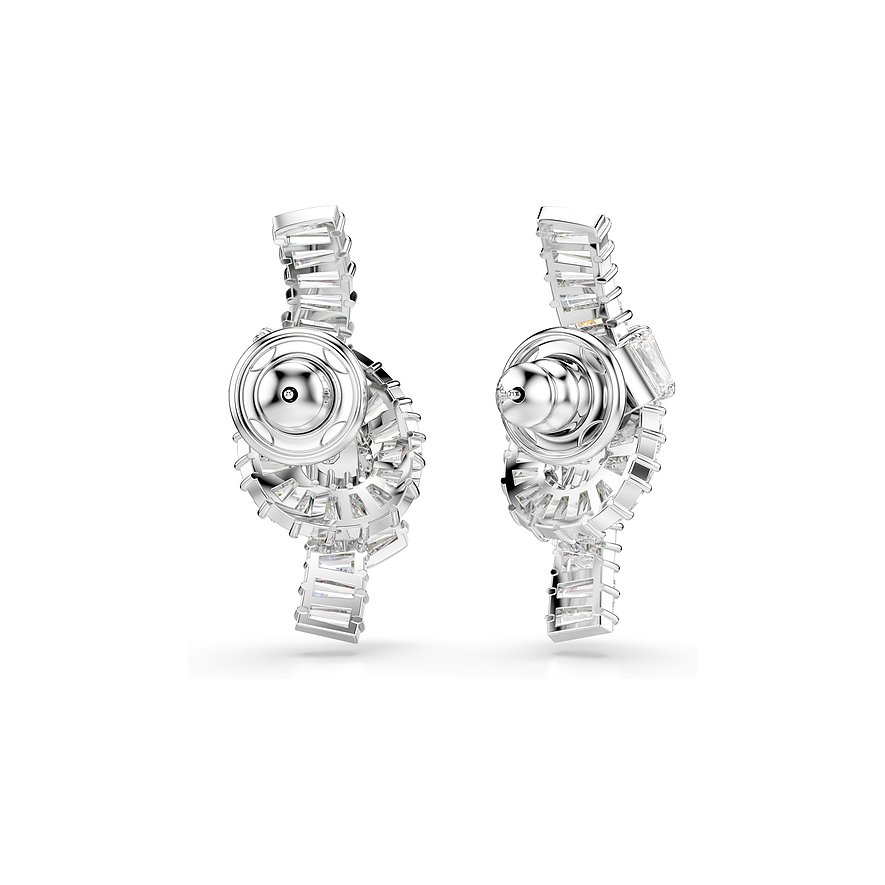 Twee zilverkleurige metalen Swarovski oorstekers bezet met vele fonkelende heldere Swarovski kristallen, achterzijde.
