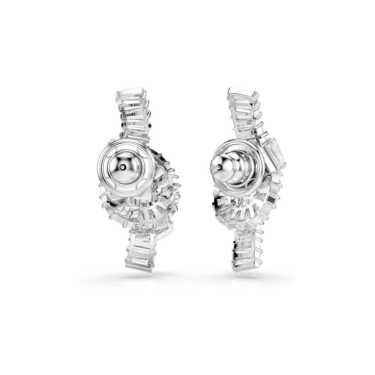 Twee zilverkleurige metalen Swarovski oorstekers bezet met vele fonkelende heldere Swarovski kristallen, achterzijde.