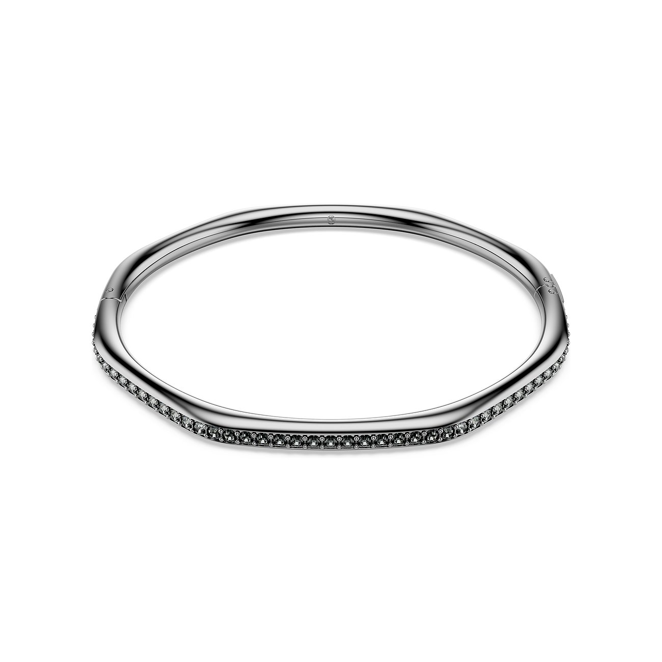 Swarovski Armreif aus Metall, geschwungen, mit funkelnden Swarovski Steinen entlang einer Kante.
