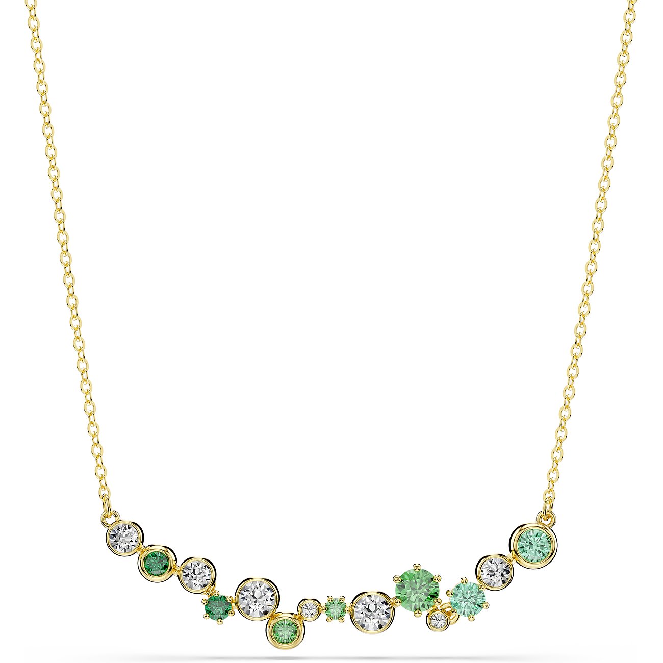 Swarovski Halskette aus goldfarbenem Metall mit grünen und klaren Swarovski-Kristallen in einer asymmetrischen Linie.