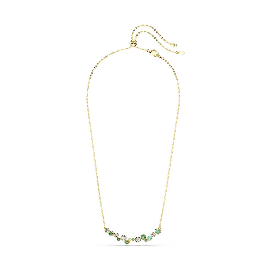 Swarovski Halskette aus goldfarbenem Metall mit grünen und klaren Farbkristallen als Anhänger.