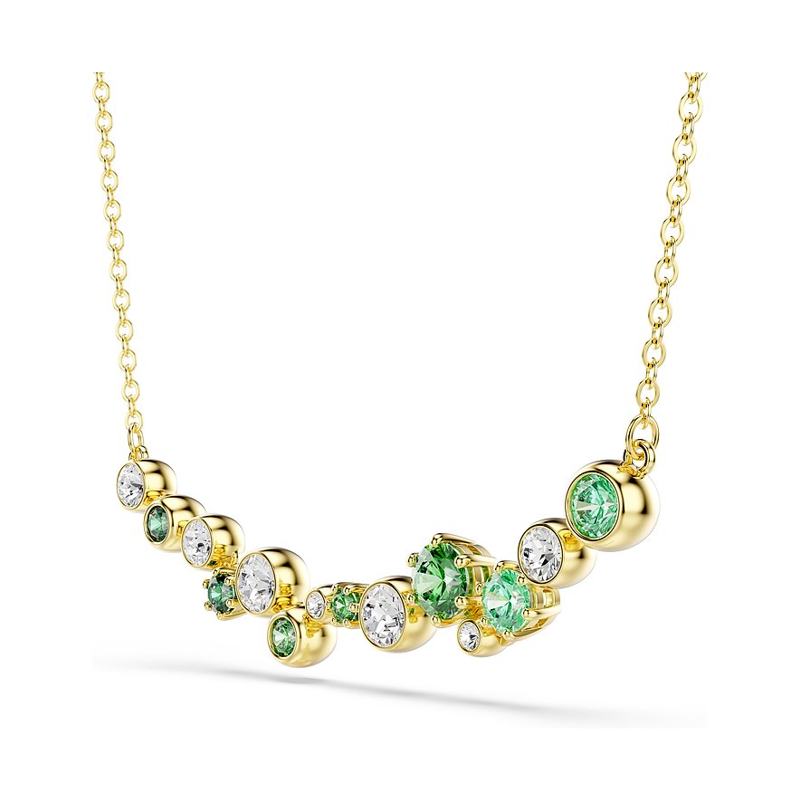 Swarovski Halskette aus goldfarbenem Metall mit grünen und klaren Swarovski Kristallen in verschiedenen Größen.