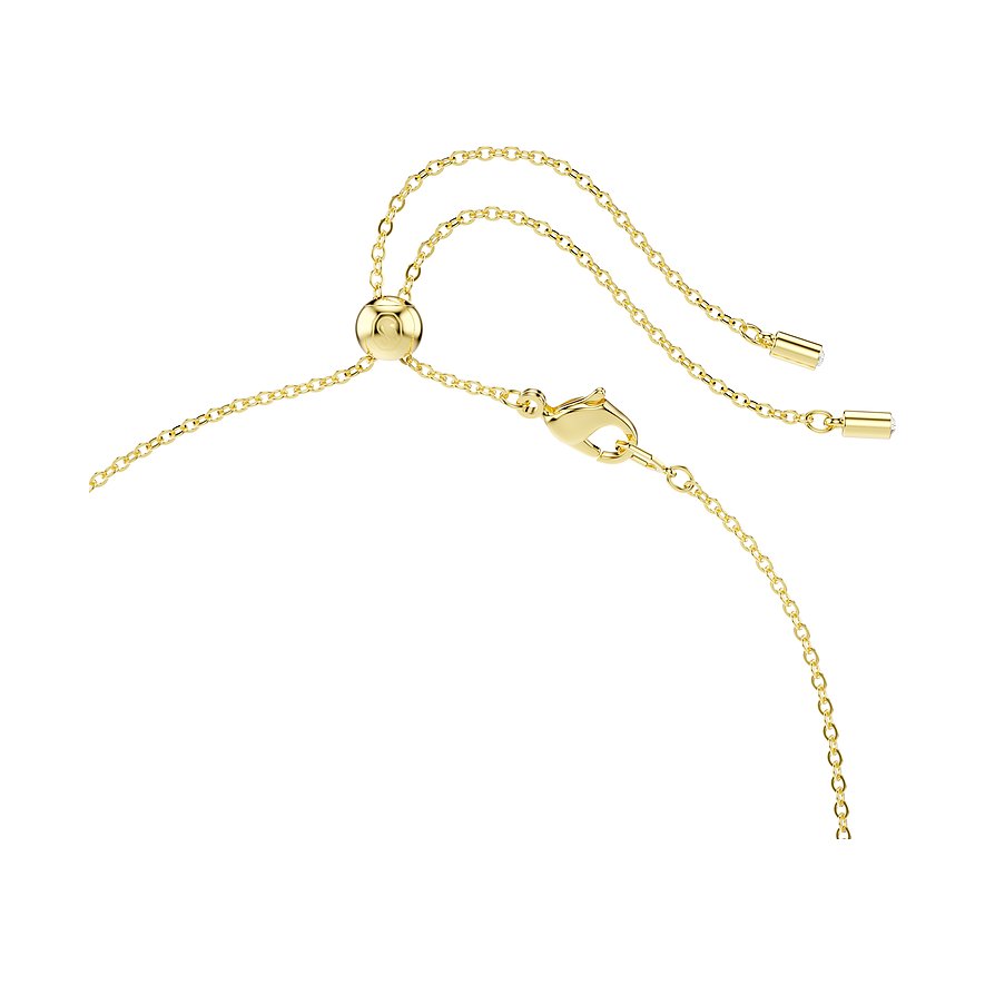 Close-up einer goldenen Metallhalskette von Swarovski mit Verstellschieber und Karabinerverschluss.