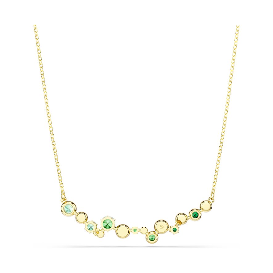 Swarovski Halskette aus goldfarbenem Metall mit grünen Swarovski-Kristallen angeordnet in einer Bogenform.