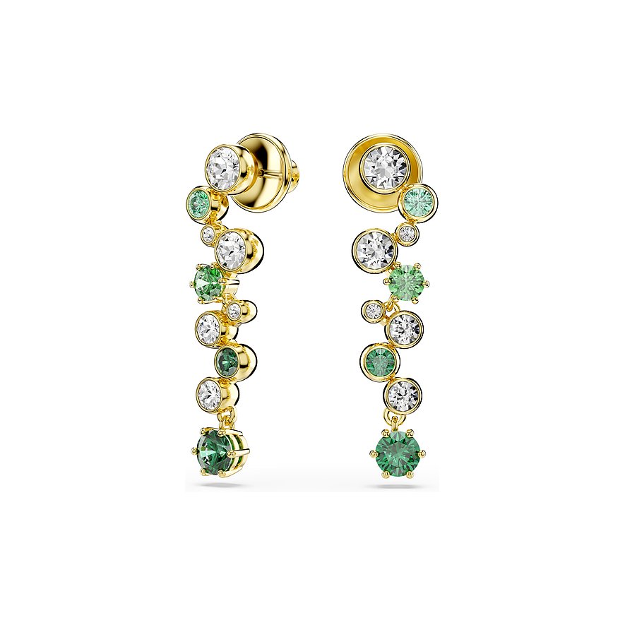 Een paar Swarovski metalen oorbellen, bezet met heldere en groene Swarovski-kristallen in diverse maten.