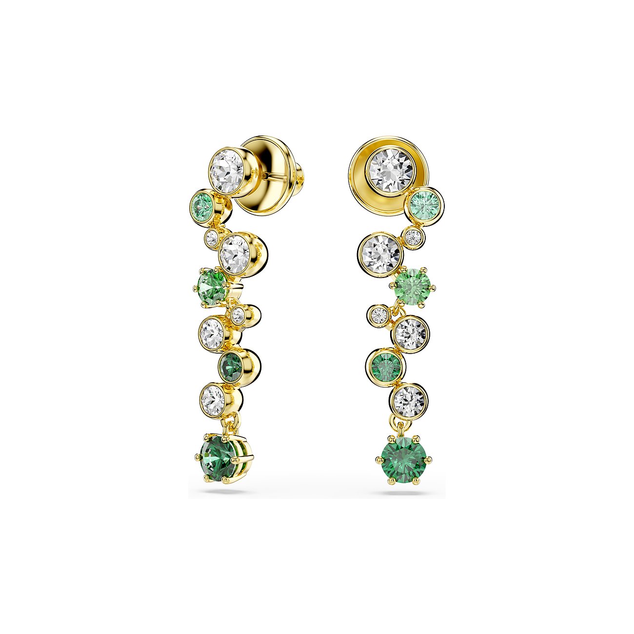 Een paar Swarovski metalen oorbellen, bezet met heldere en groene Swarovski-kristallen in diverse maten.
