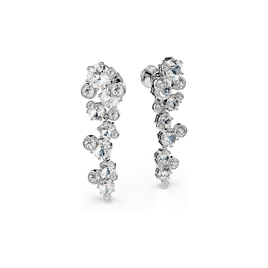 Twee Swarovski oorbellen van metaal met vele verschillende maten ronde en hartvormige Swarovski-kristallen.