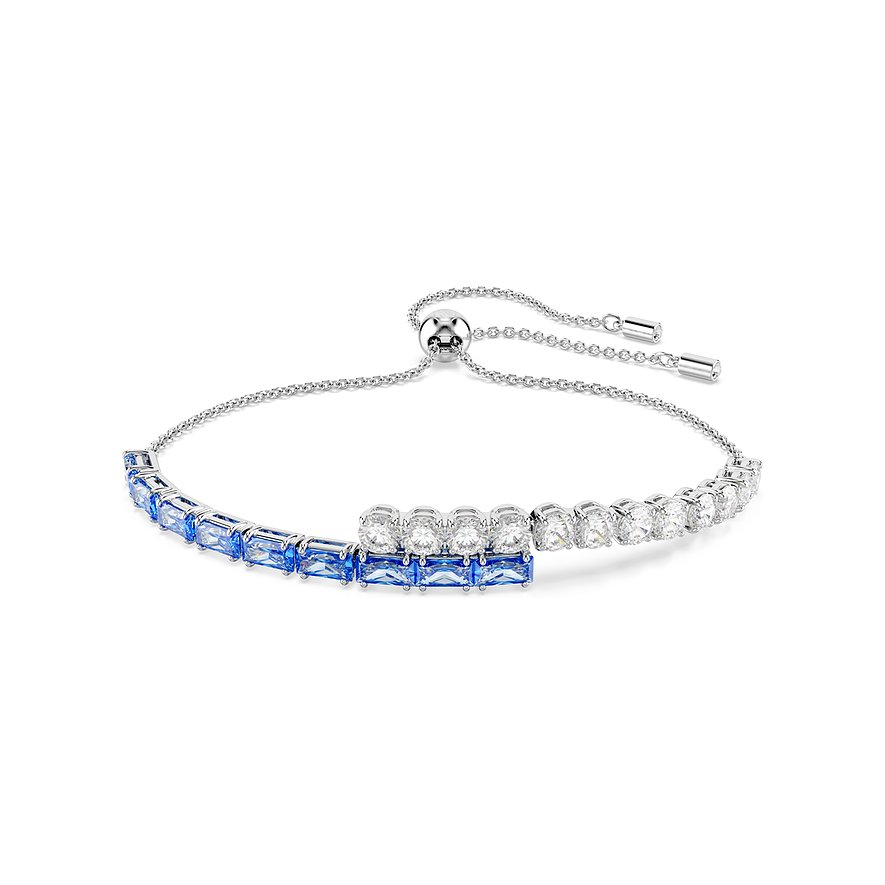 Swarovski metalen armband met blauw en helder Swarovski kristal, deels rechthoekig en deels rond geslepen.