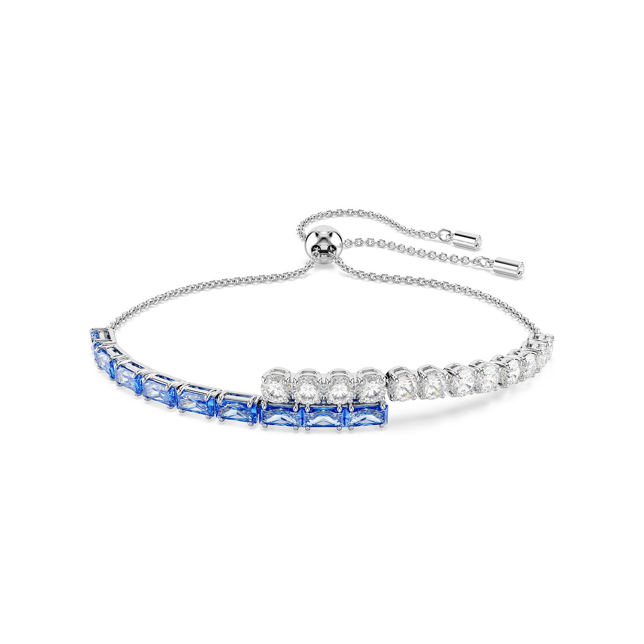 Swarovski metalen armband met blauw en helder Swarovski kristal, deels rechthoekig en deels rond geslepen.