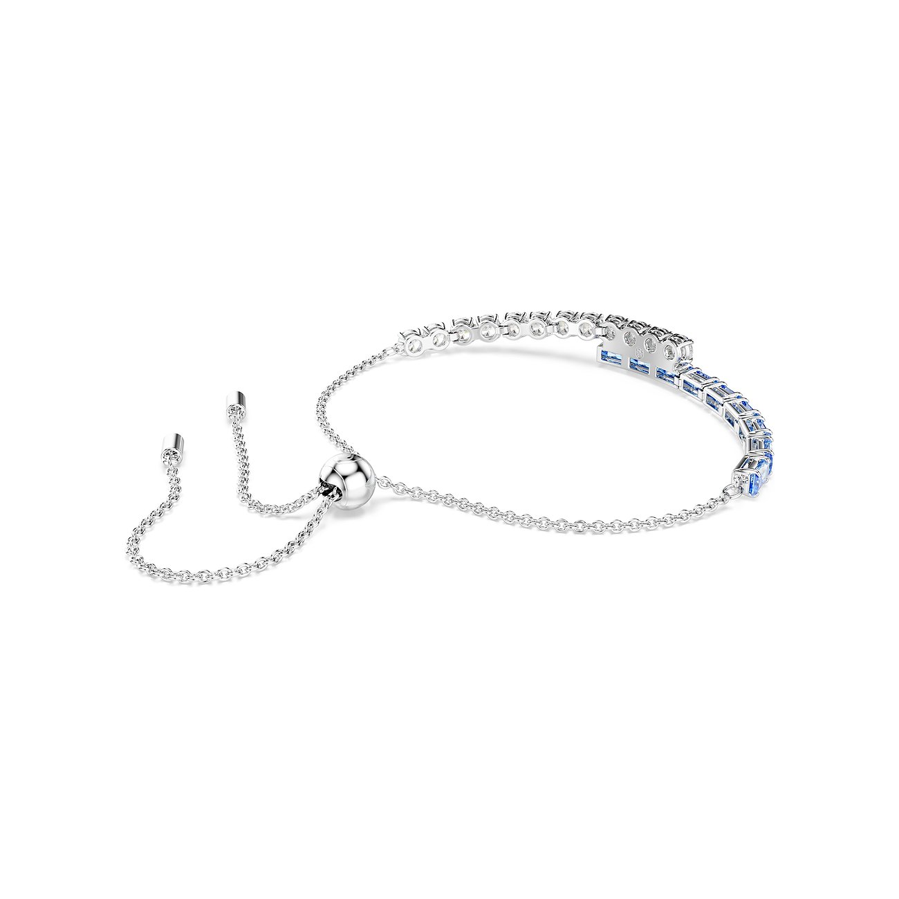 Swarovski metalen armband met blauwe en witte Swarovski-kristallen van linksboven naar rechtsonder