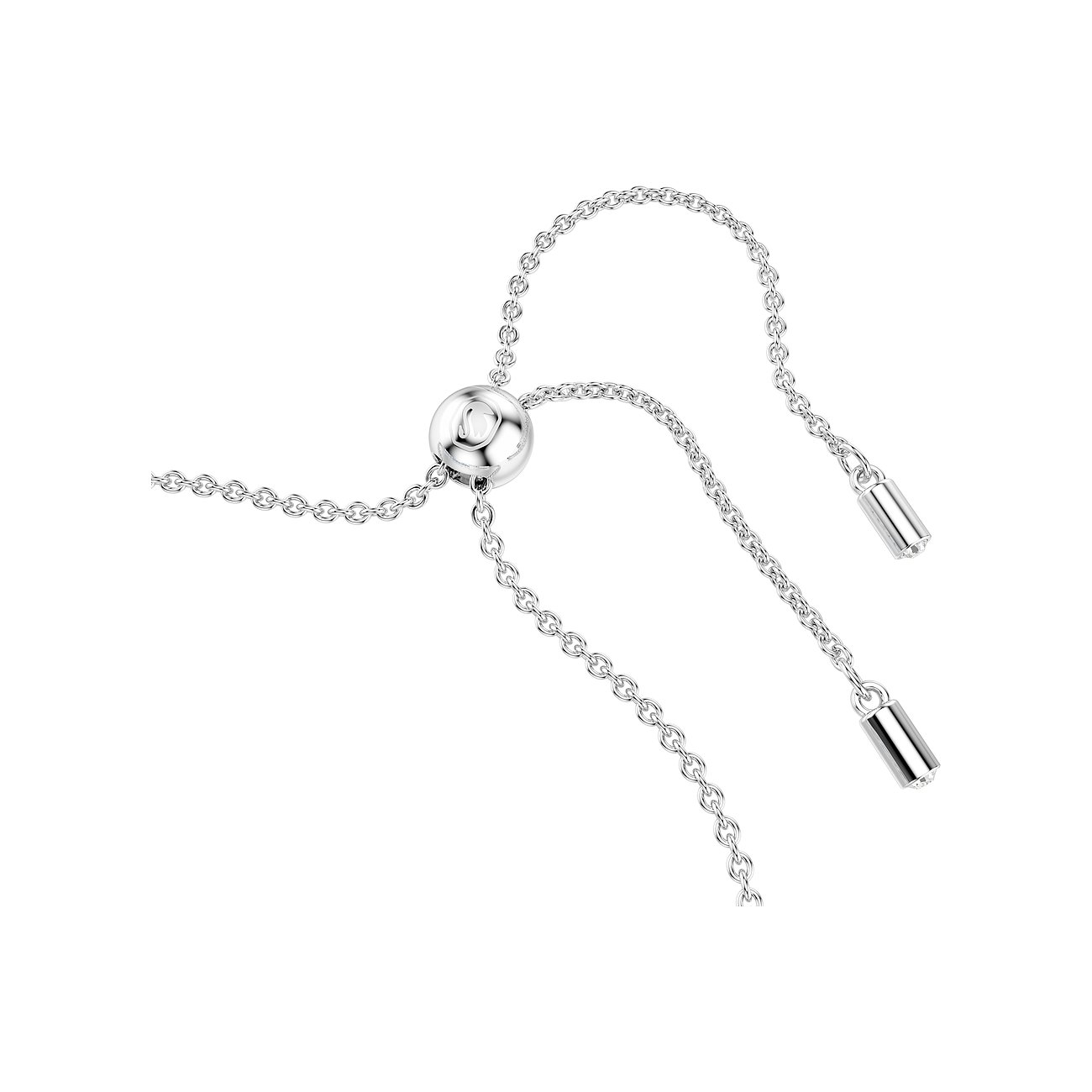 Een zilverkleurige metalen Swarovski bal sluiting met kettingsuiteinden voor een armband.