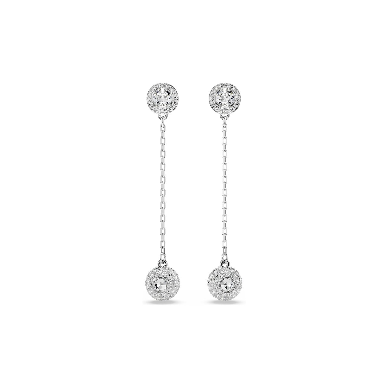 Ein Paar lange Swarovski Ohrringe aus Metall mit kreisförmigen Farbedelsteinen, die von kleineren Kristallen umgeben sind.