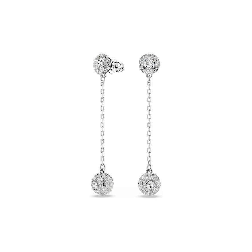 Ein Paar Ohrhänger von Swarovski aus Metall mit filigranen Swarovski Kristallen, die schimmernd herabhängen.