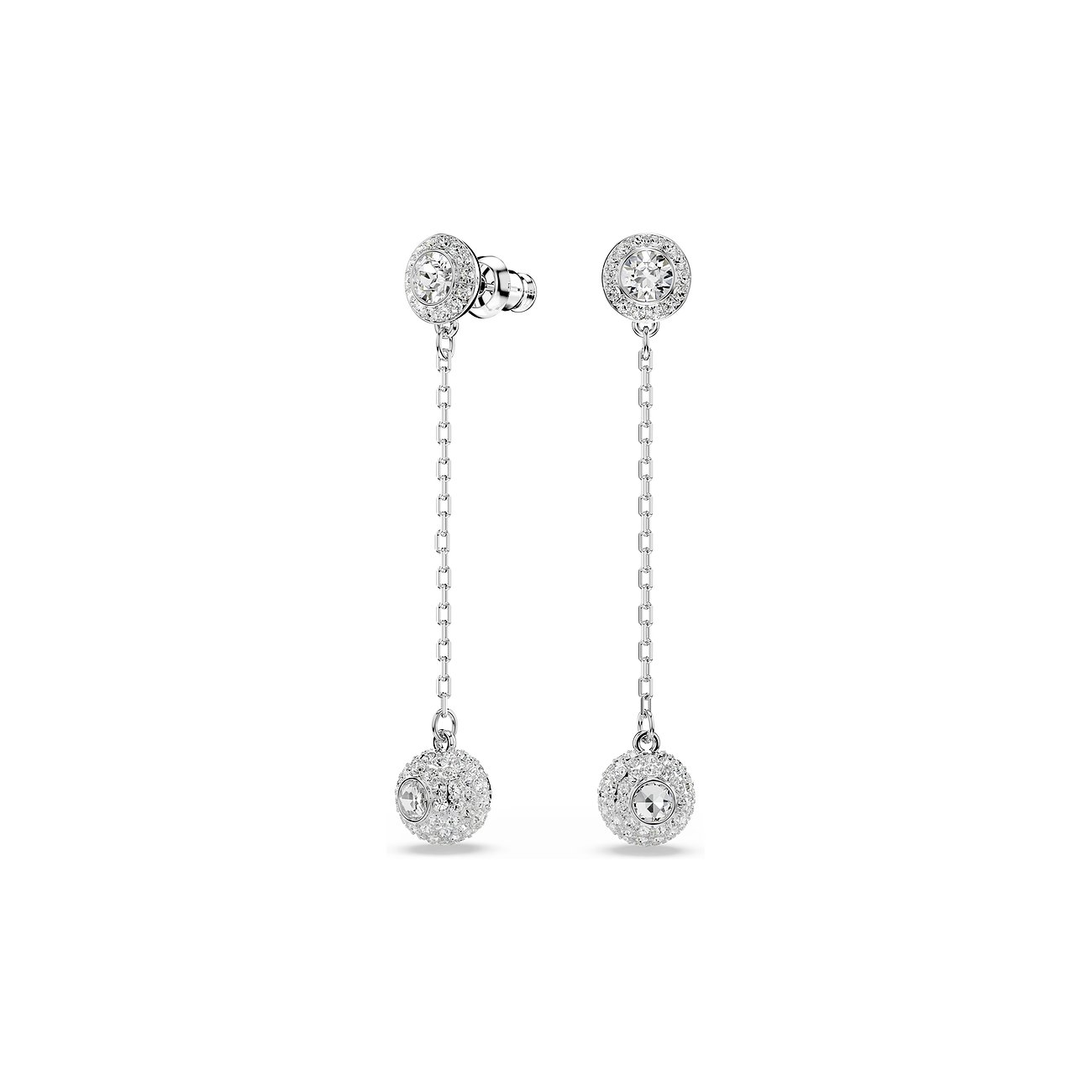 Ein Paar Ohrhänger von Swarovski aus Metall mit filigranen Swarovski Kristallen, die schimmernd herabhängen.