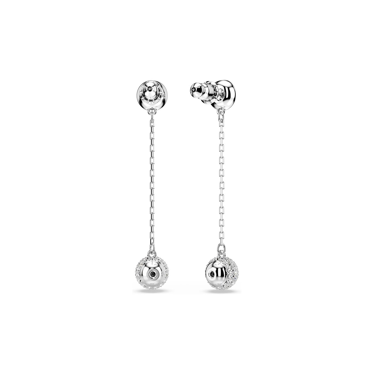 Swarovski Ohrstecker mit hängenden Metallketten, die an kleinen kugelrunden Anhängern mit Swarovski-Kristallen enden.