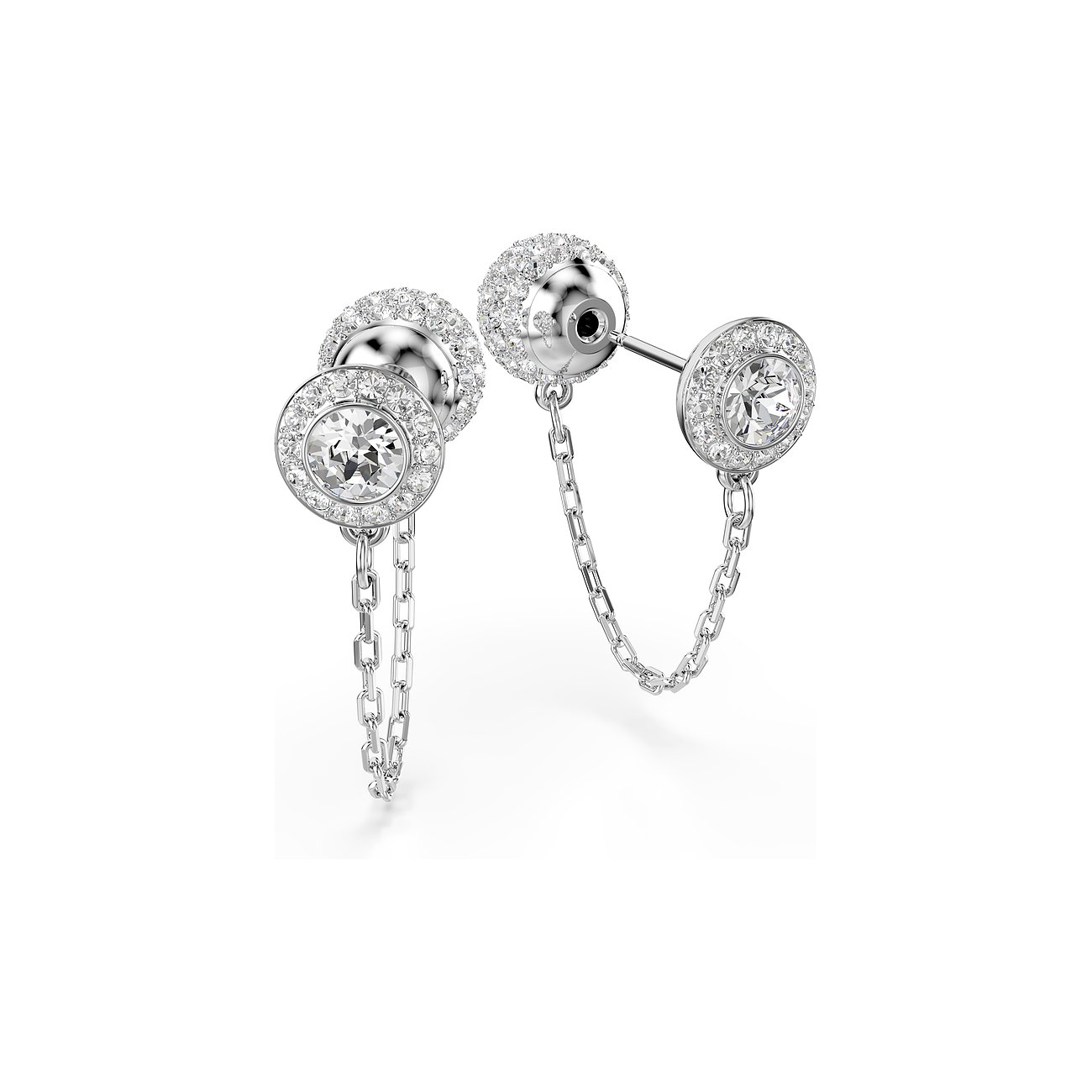 Paar Swarovski Ohrstecker aus Metall mit runden, klaren Swarovski-Kristallen und feinen Ketten