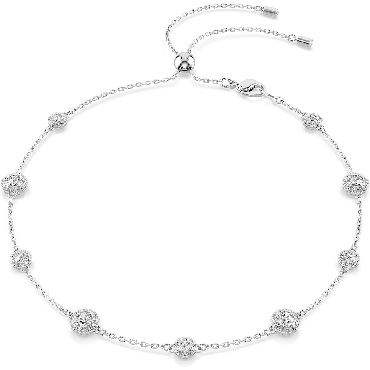 Swarovski Halsschmuck aus Metall mit vielen runden, glitzernden Farbedelsteinen, liegend auf weißem Untergrund.