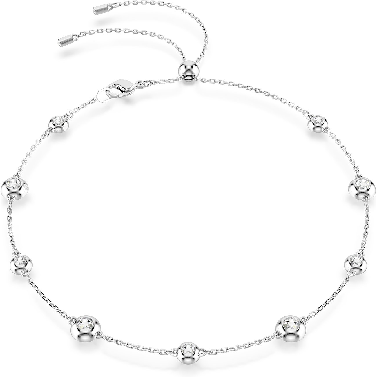 Swarovski Halskette aus Metall mit kleinen runden Swarovski-Kristallen, die im Abstand entlang der Kette eingefasst sind.