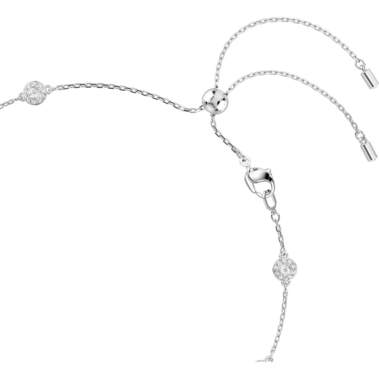 Nahaufnahme einer Swarovski Halskette aus Metall mit einem verstellbaren Verschluss und mehreren klaren Swarovski-Kristallen.