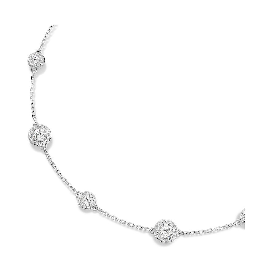 Nahaufnahme einer Swarovski Halskette aus Metall mit mehreren runden Swarovski-Kristallen in einer Halo-Fassung.