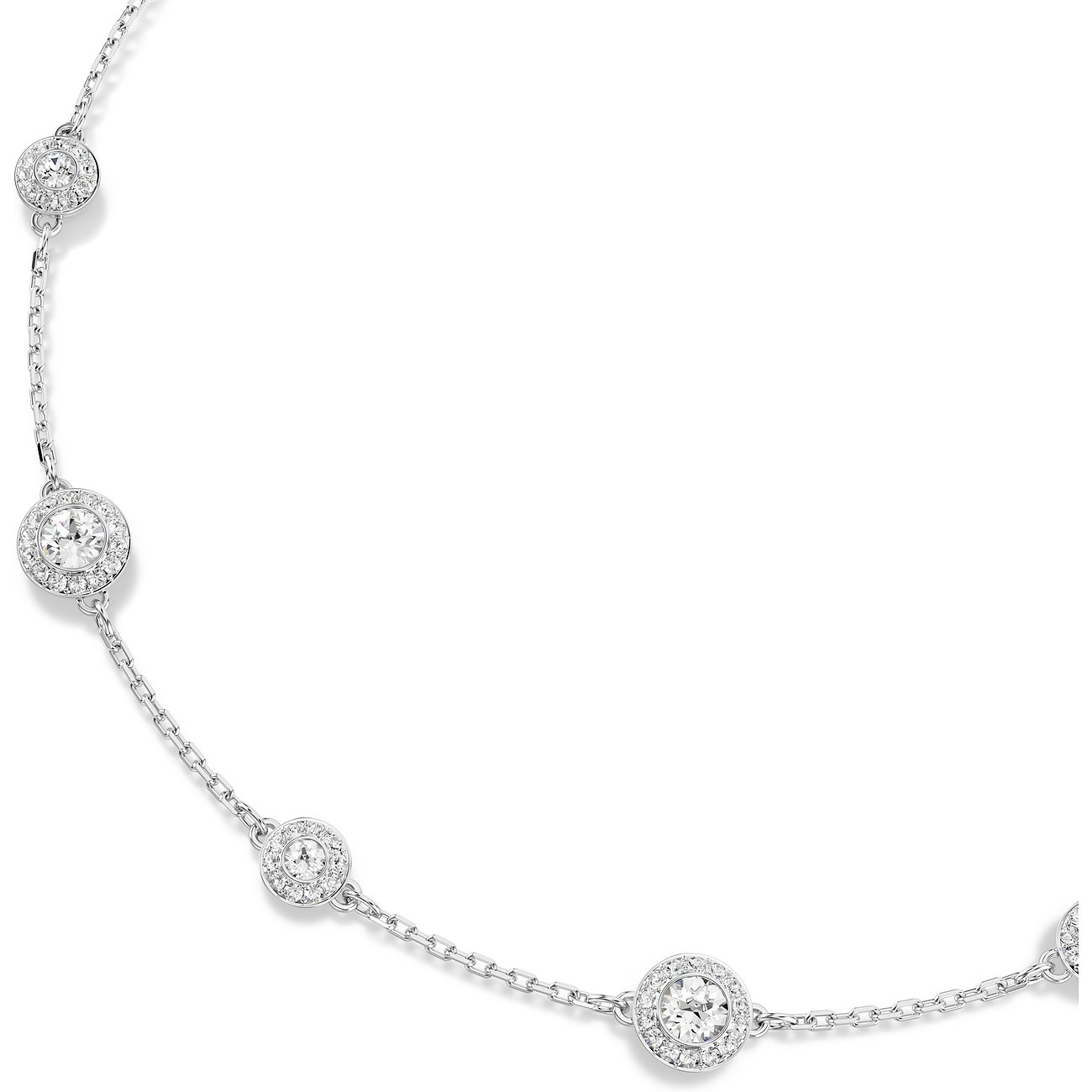 Nahaufnahme einer Swarovski Halskette aus Metall mit mehreren runden Swarovski-Kristallen in einer Halo-Fassung.