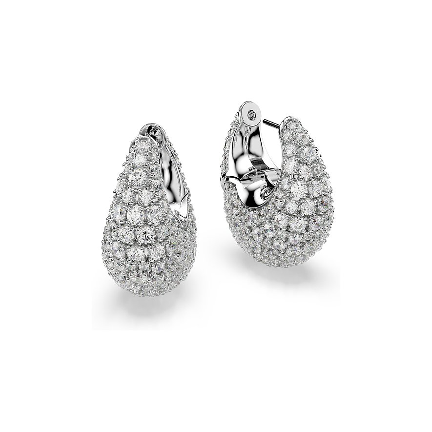 Zwei funkelnde, birnenförmige Swarovski Ohrringe aus Metall, besetzt mit unzähligen klaren Swarovski-Kristallen.