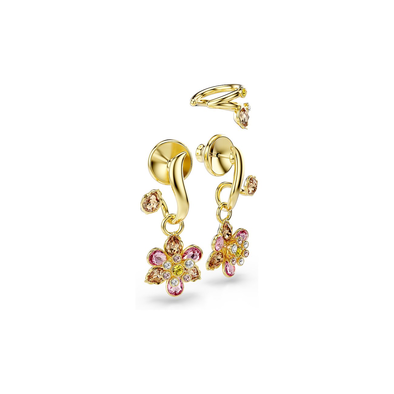 Swarovski Ohrstecker aus goldfarbenem Metall mit baumelnden Blumenanhängern, besetzt mit rosa, braunen und klaren Kristallen.