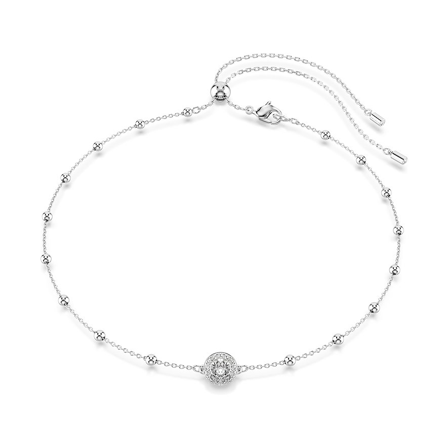 Swarovski Halskette aus Metall mit Farbsteinen. Kette mit kleinen Kugeln und rundem Anhänger mit zentralem Farbstein.