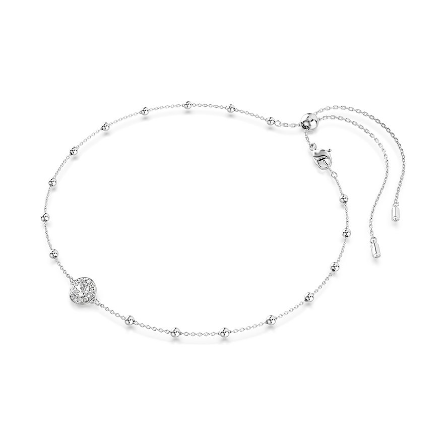 Silbernes Swarovski Halsband aus Metall mit kleinen Kugeln und rundem Anhänger mit klarem Swarovski-Kristall.